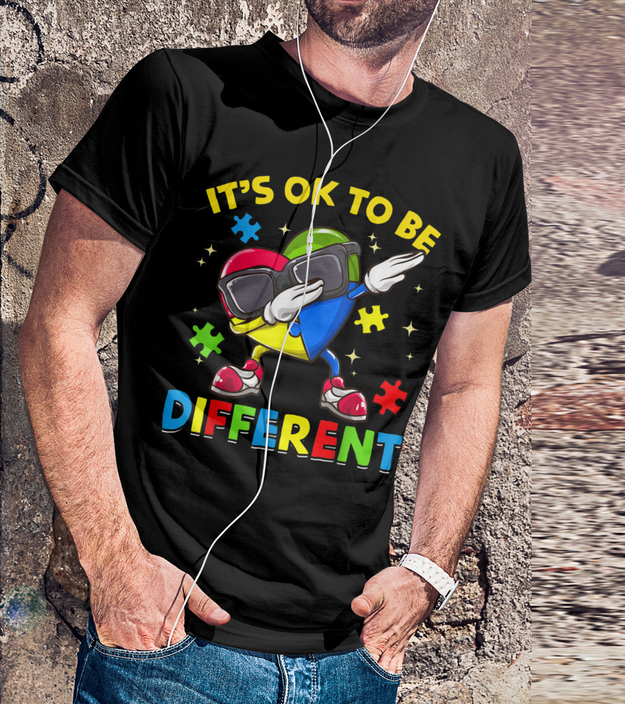 It's Ok To Be Different Autism Awareness Dabbing Heart Puzzle Pieces T-Shirt