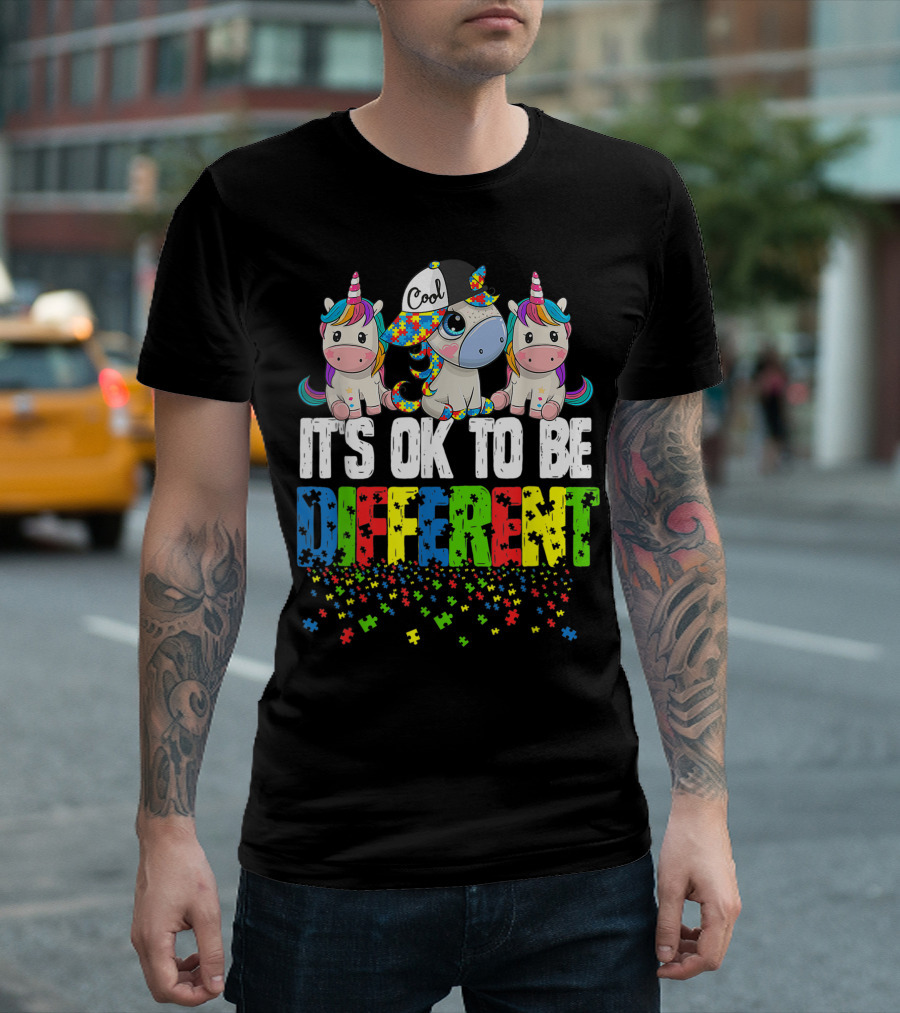 It's Ok To Be Different Cool Unicorn Puzzle Autism Awareness Day T-Shirt