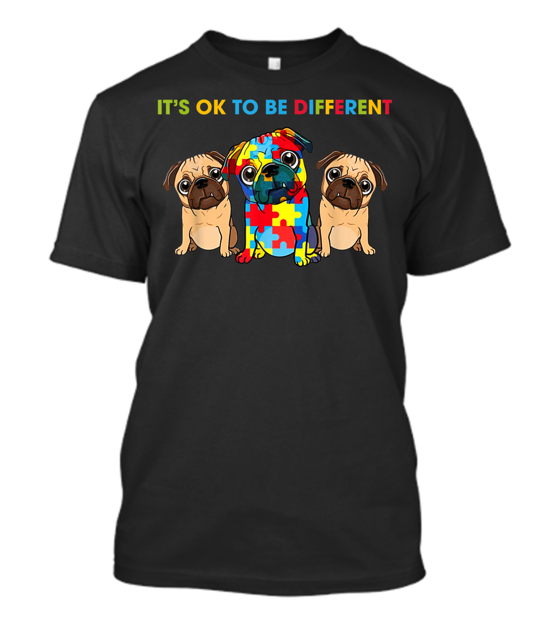 It's OK To Be Different Three Puzzle Pugs Autism Awareness T-Shirt
