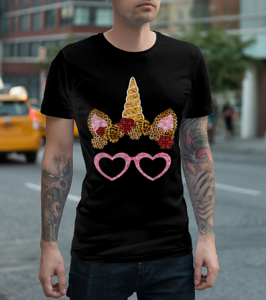 Leopard Unicorn Heart Glasses Floral Plaid T-Shirt