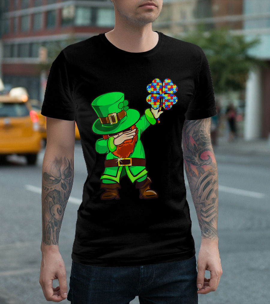 Leprechaun Dabbing with Autism Awareness Puzzle Shamrock T-Shirt