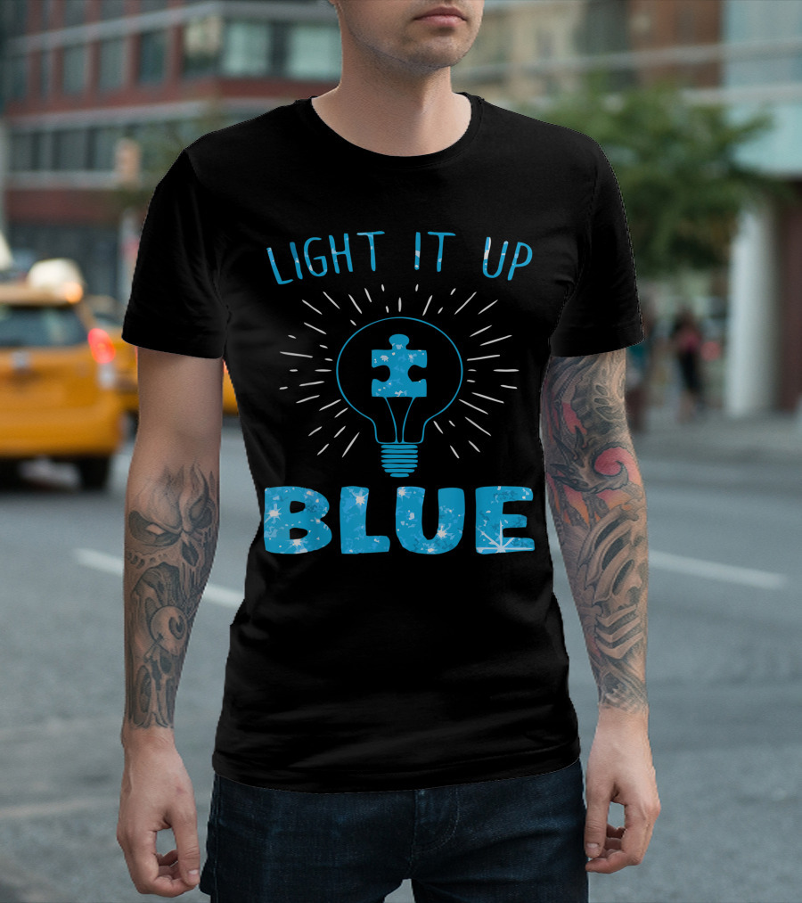 Light It Up Blue Autism Awareness Puzzle Piece Light Bulb Autistic Supporters T-Shirt