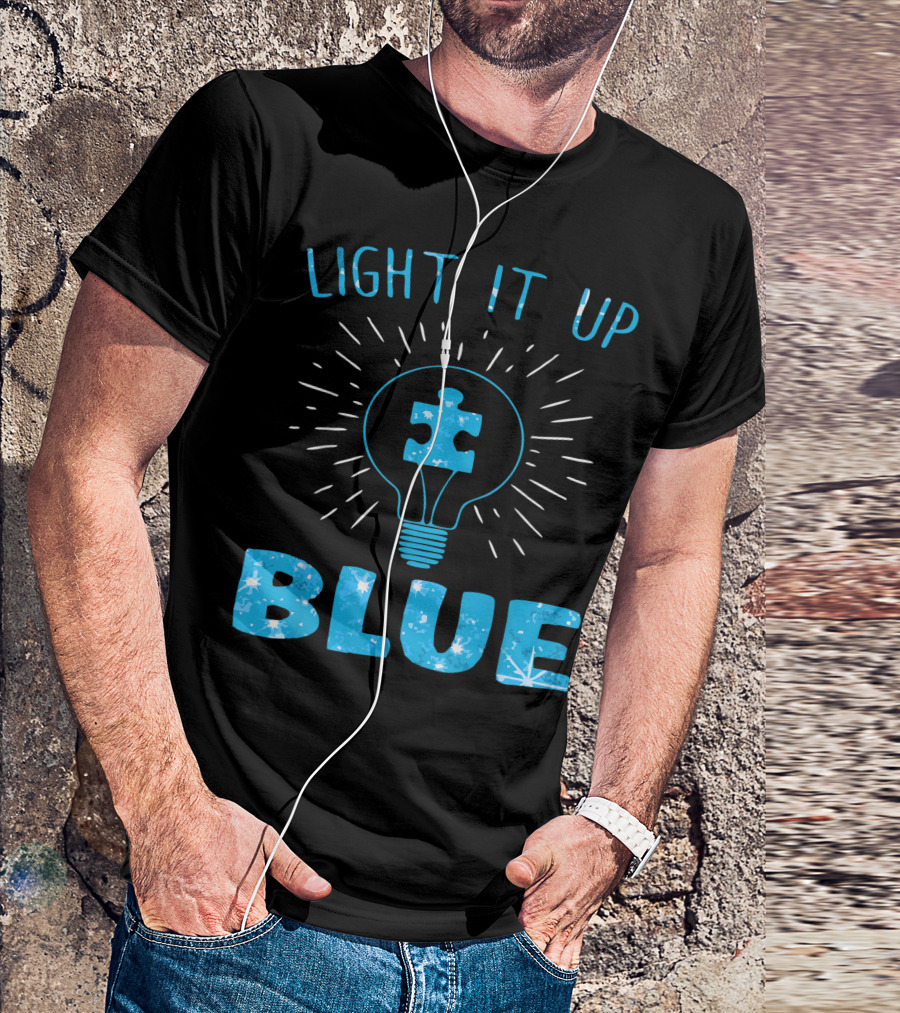 Light It Up Blue Autism Awareness Puzzle Piece Light Bulb Autistic Supporters T-Shirt