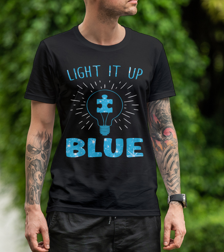 Light It Up Blue Autism Awareness Puzzle Piece Light Bulb Autistic Supporters T-Shirt