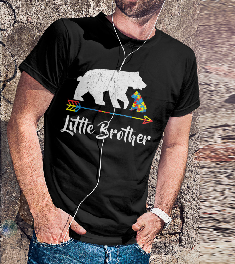 Little Brother Bear Autism Awareness Puzzle Piece Arrow T-Shirt