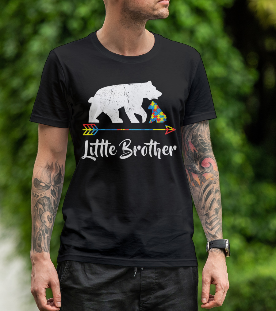 Little Brother Bear Autism Awareness Puzzle Piece Arrow T-Shirt