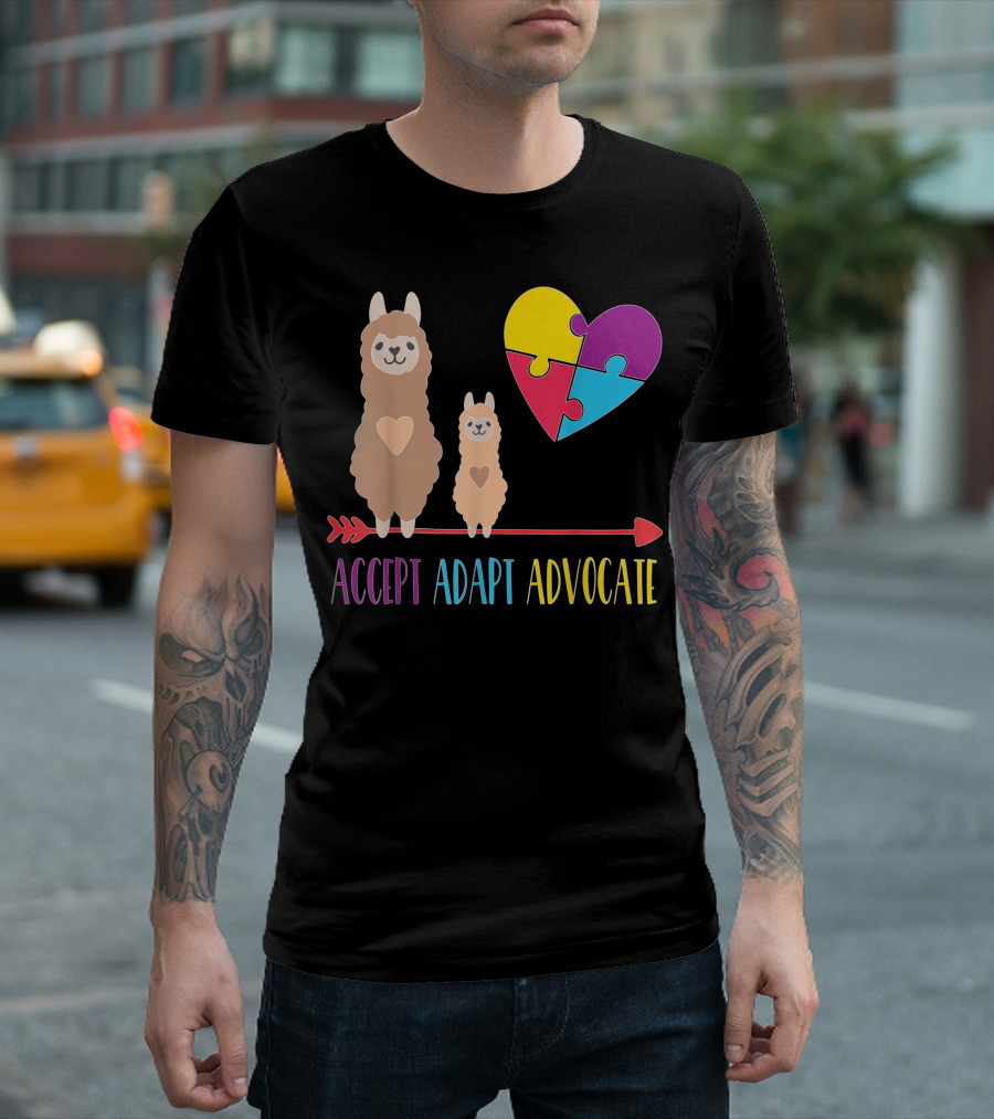 Accept Adapt Advocate Llama Mom Kid Heart Autism Awareness Puzzle T-Shirt
