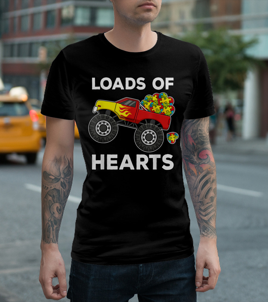 Loads Of Hearts Puzzle Pieces Autism Awareness Monster Truck T-Shirt