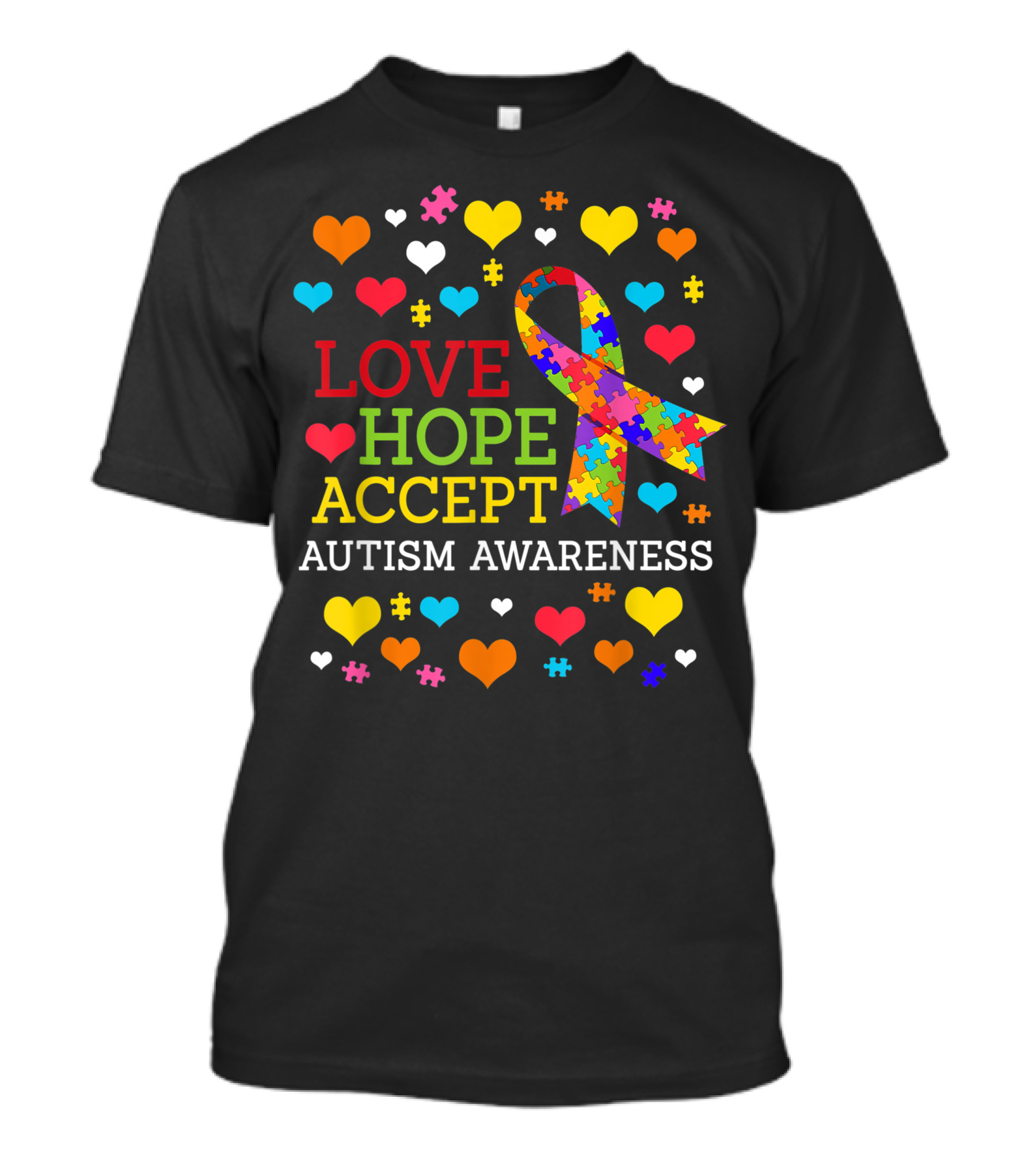 Love Hope Accept Autism Awareness Ribbon Hearts Puzzle T-Shirt
