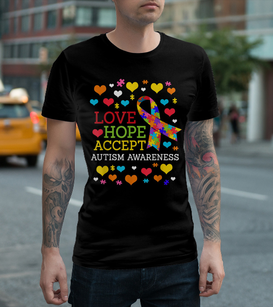 Love Hope Accept Autism Awareness Ribbon Hearts Puzzle T-Shirt