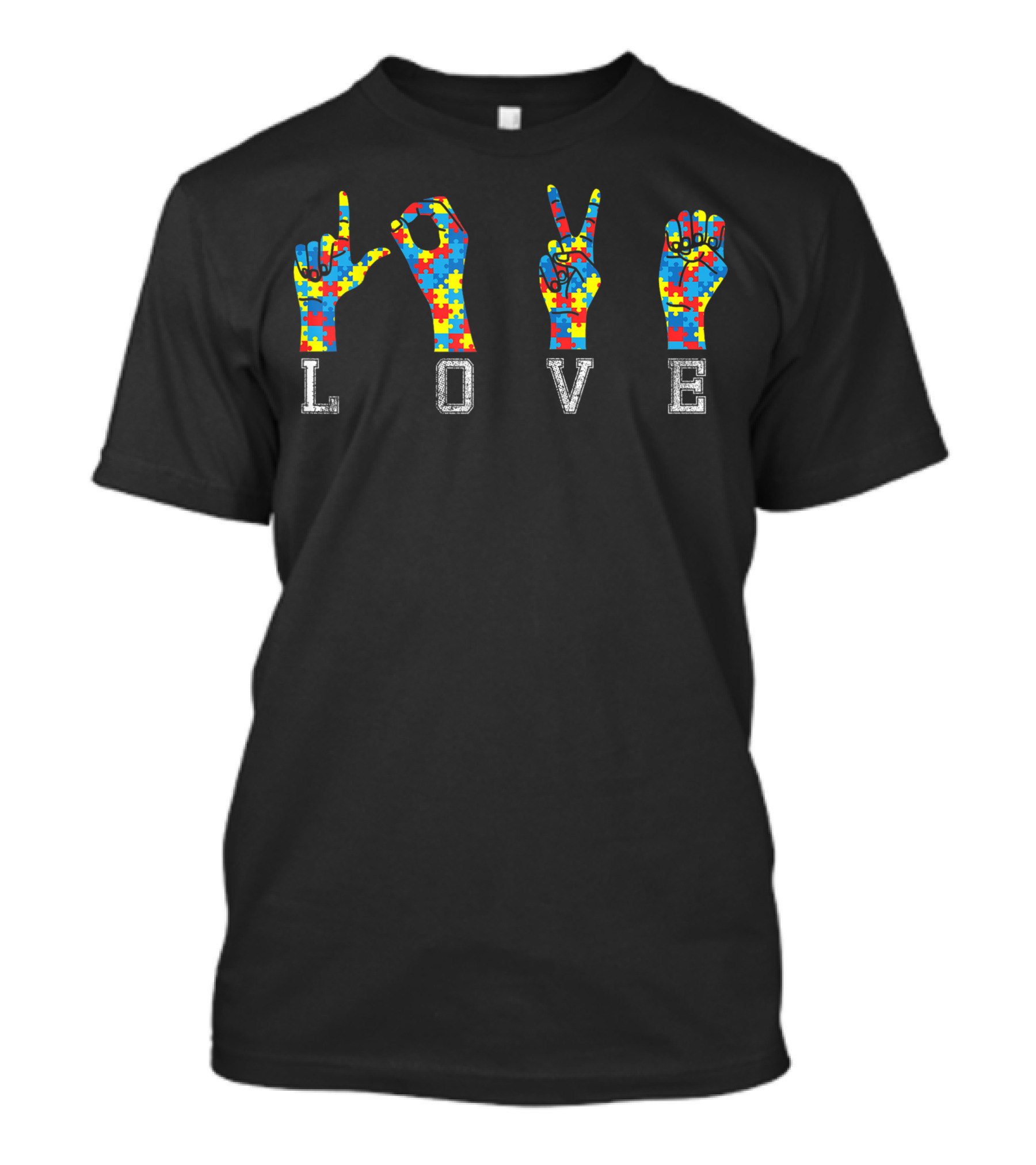 Love Sign Language With Puzzle Piece Autism Awareness T-Shirt
