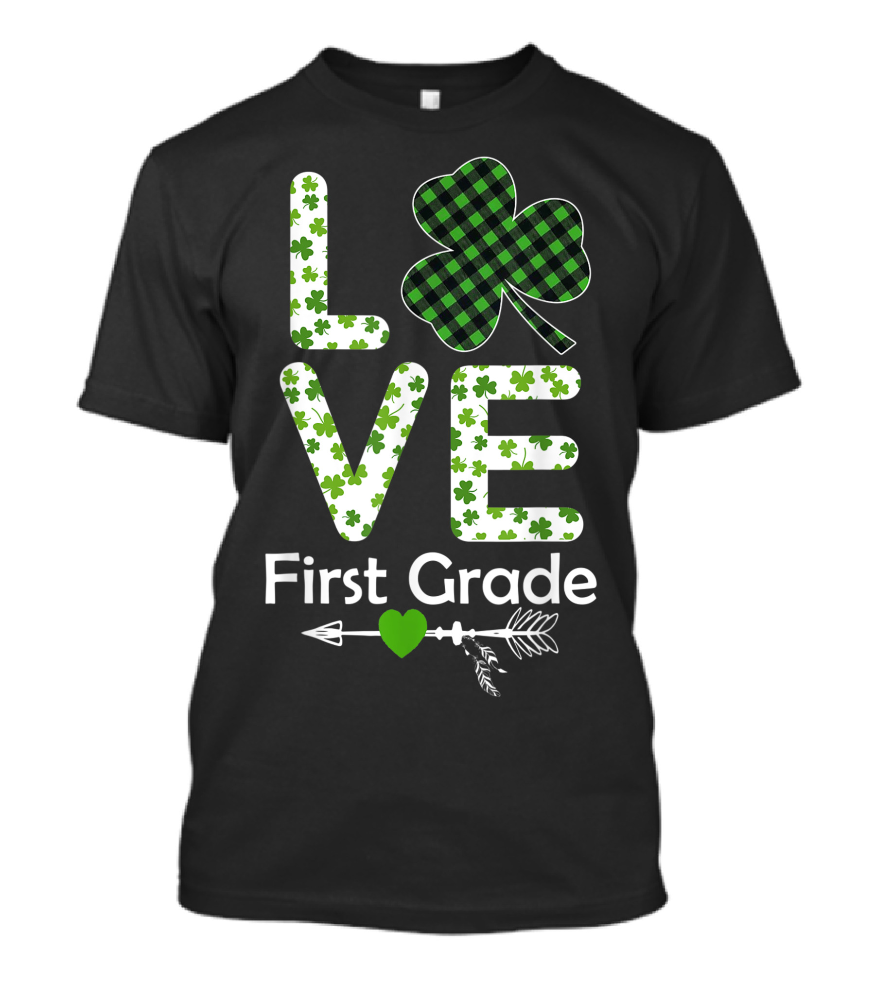 Love Shamrock First Grade Teachers Plaid Clover Arrow T-Shirt