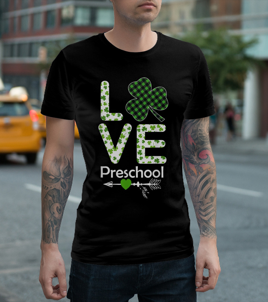 LOVE Shamrock Preschool Plaid Clover and Arrow T-Shirt