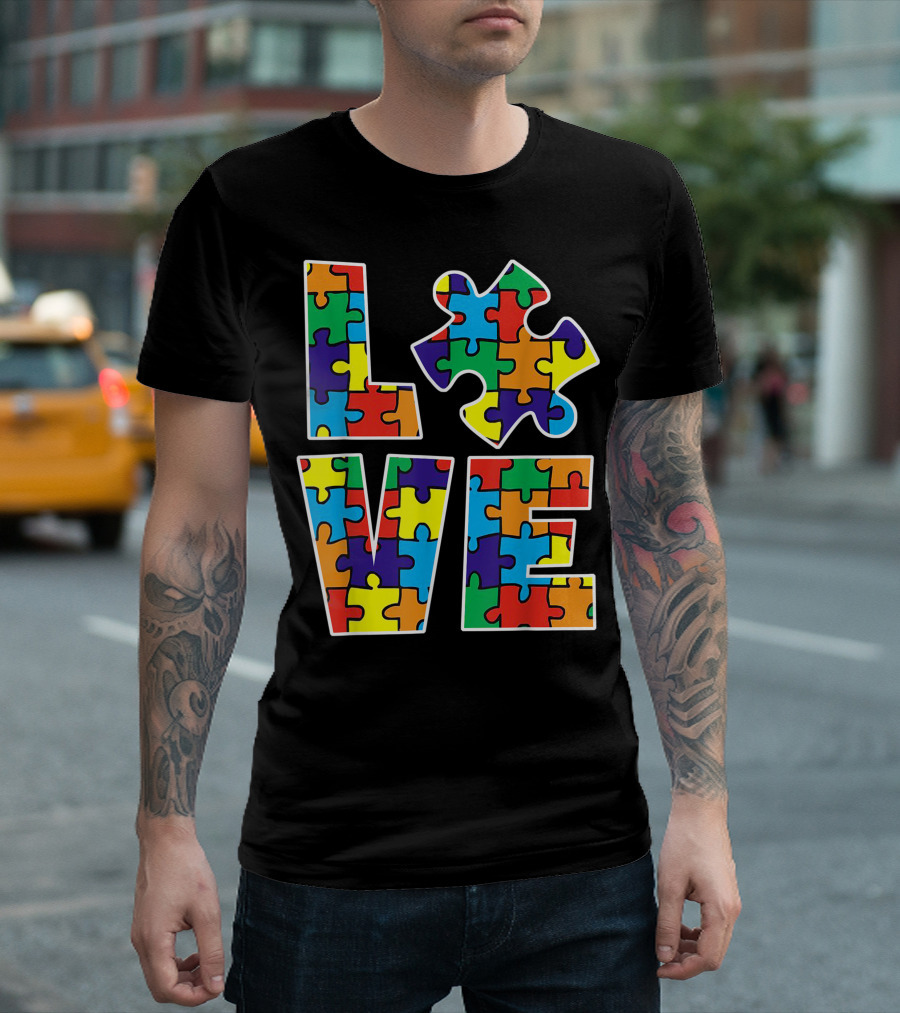 Colorful Love Puzzle Pieces Autism Awareness T-Shirt