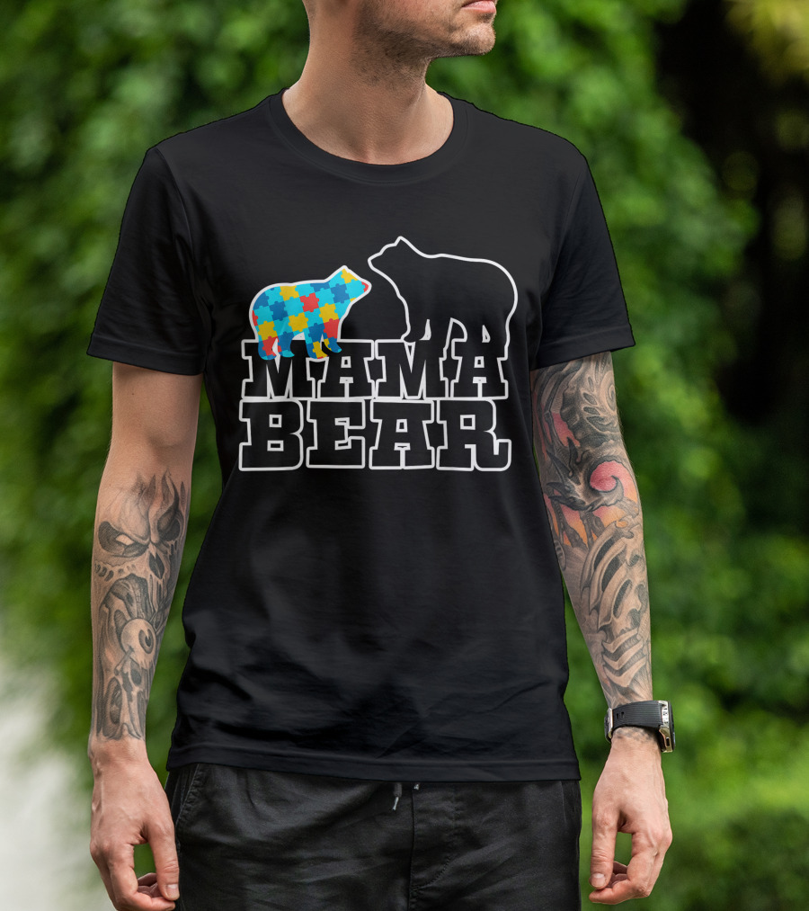 Mama Bear Autism Awareness Puzzle Pattern Bear T-Shirt