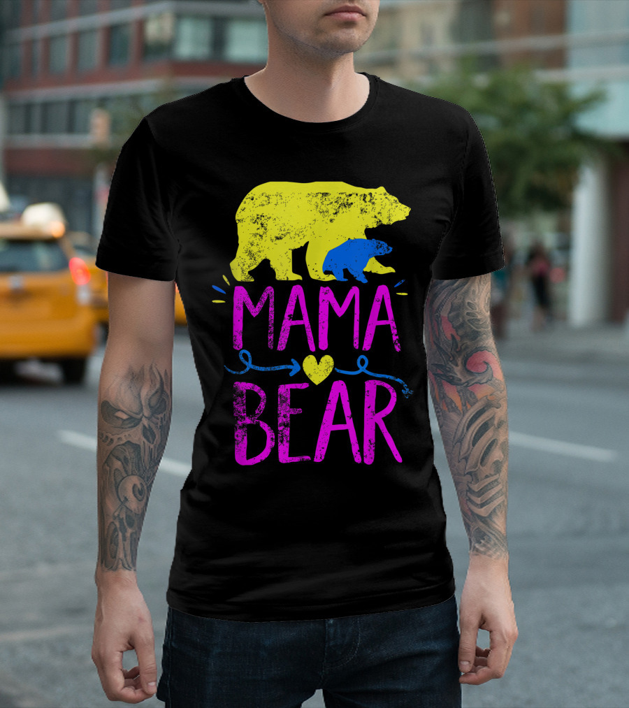 Mama Bear Down Syndrome Awareness Yellow Blue Bear Heart T-Shirt