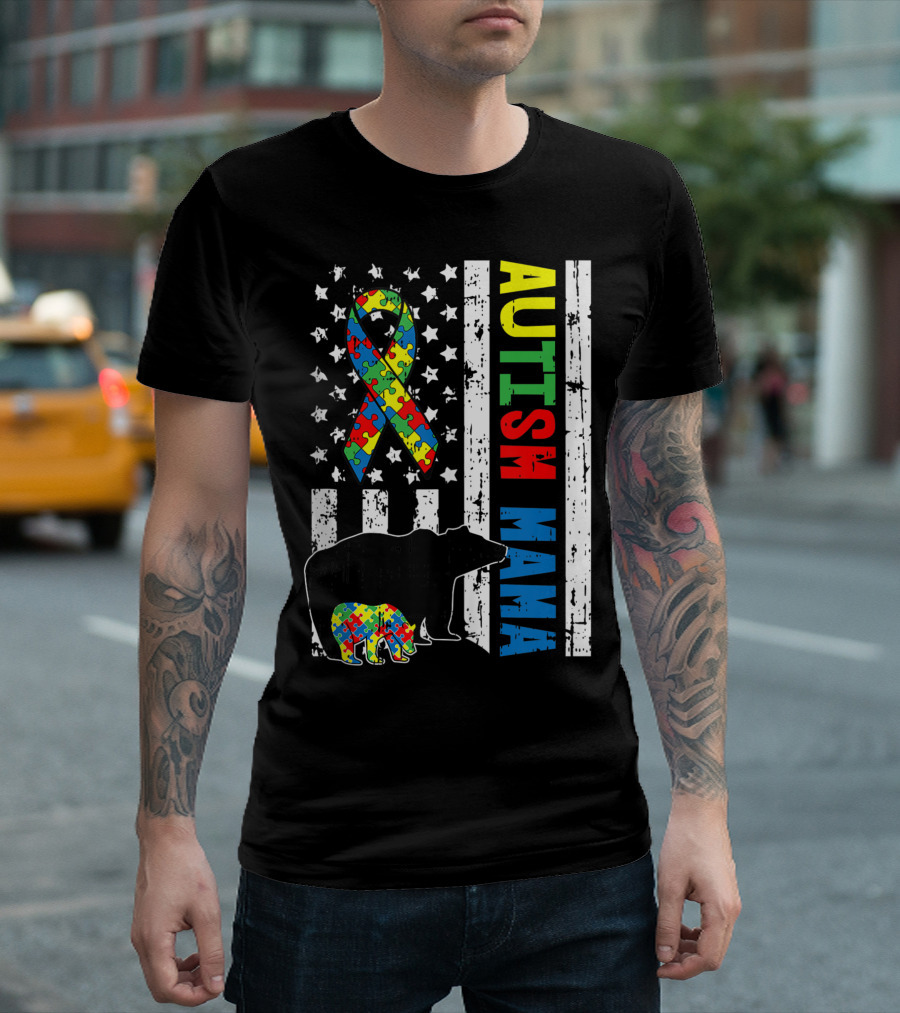 Mama Bear Autism Awareness Puzzle Flag Family Matching N1 T-Shirt