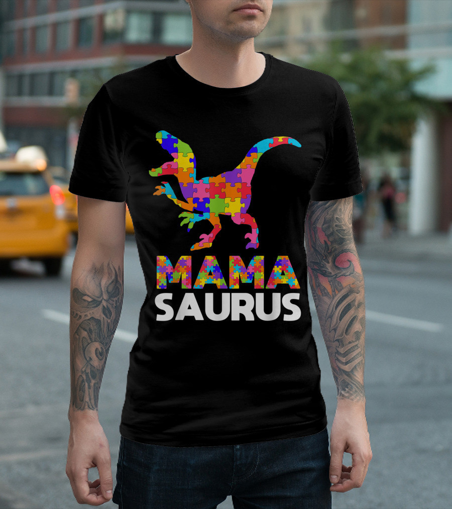 Mama Saurus Autism Awareness Puzzle Dinosaur Autistic Autism Moms T-Shirt