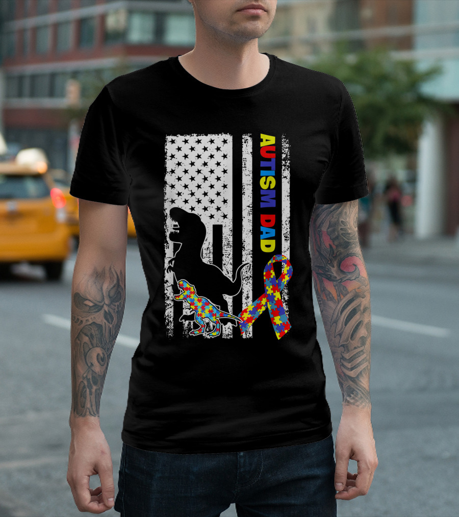American Flag Dinosaur Rex Autism Dad Puzzle T-Shirt
