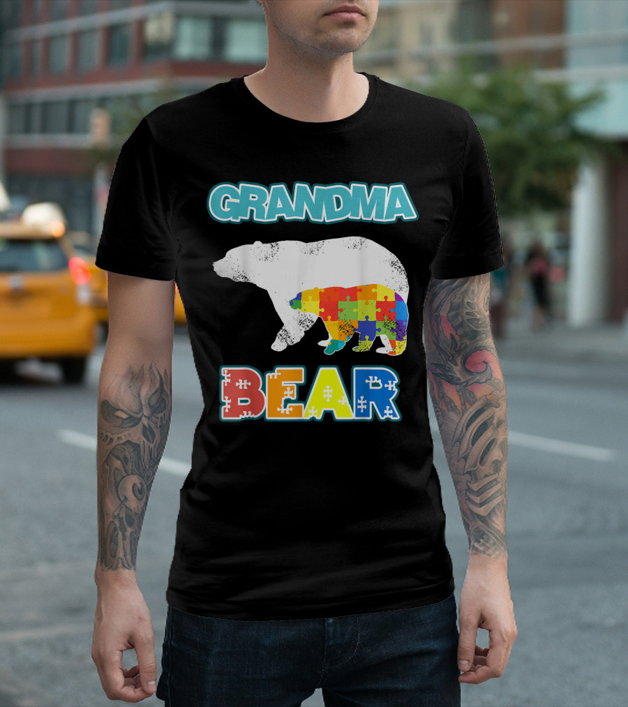 Grandma Bear Autism Awareness Puzzle Bear Mens Autism Grandma T-Shirt