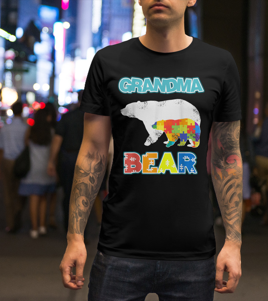 Grandma Bear Autism Awareness Puzzle Bear Mens Autism Grandma T-Shirt