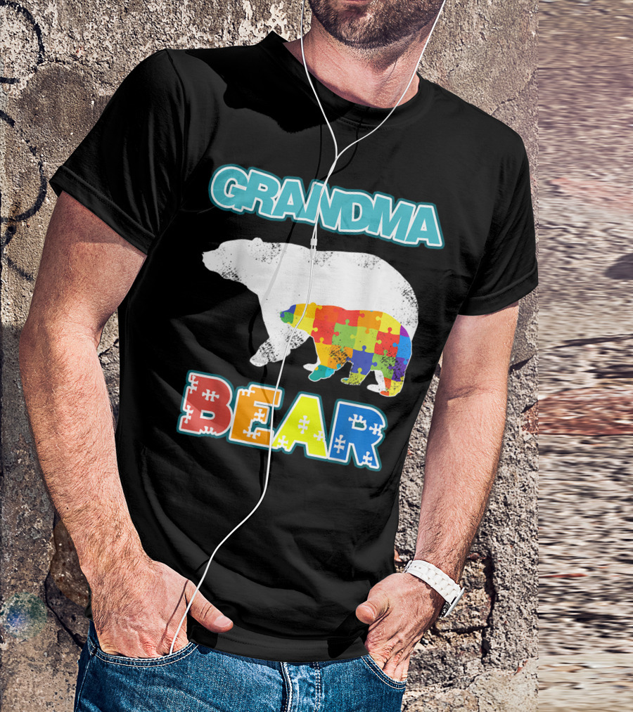 Grandma Bear Autism Awareness Puzzle Bear Mens Autism Grandma T-Shirt