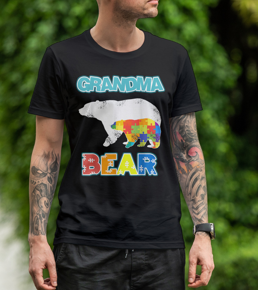 Grandma Bear Autism Awareness Puzzle Bear Mens Autism Grandma T-Shirt