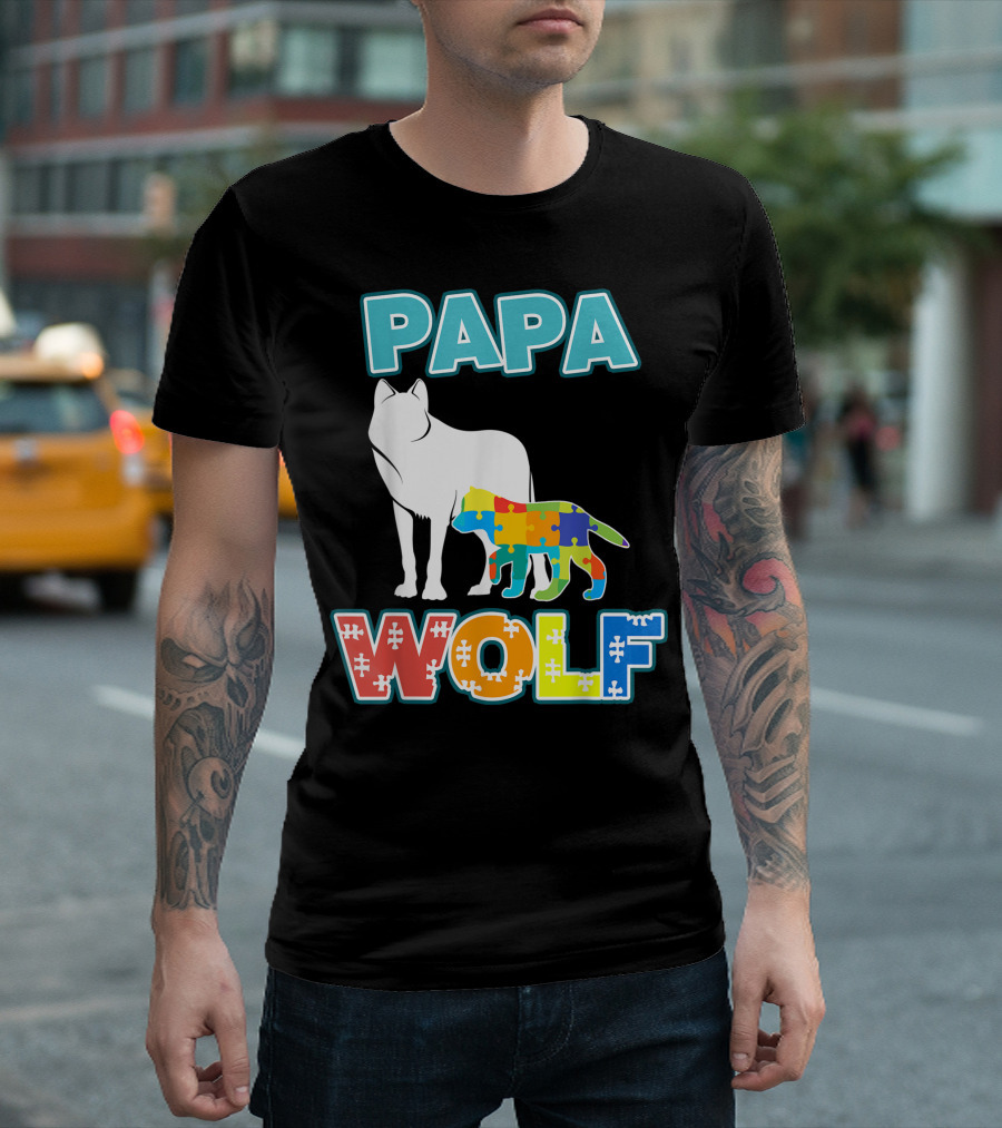 Papa Wolf Autism Awareness Puzzle Dad T-Shirt