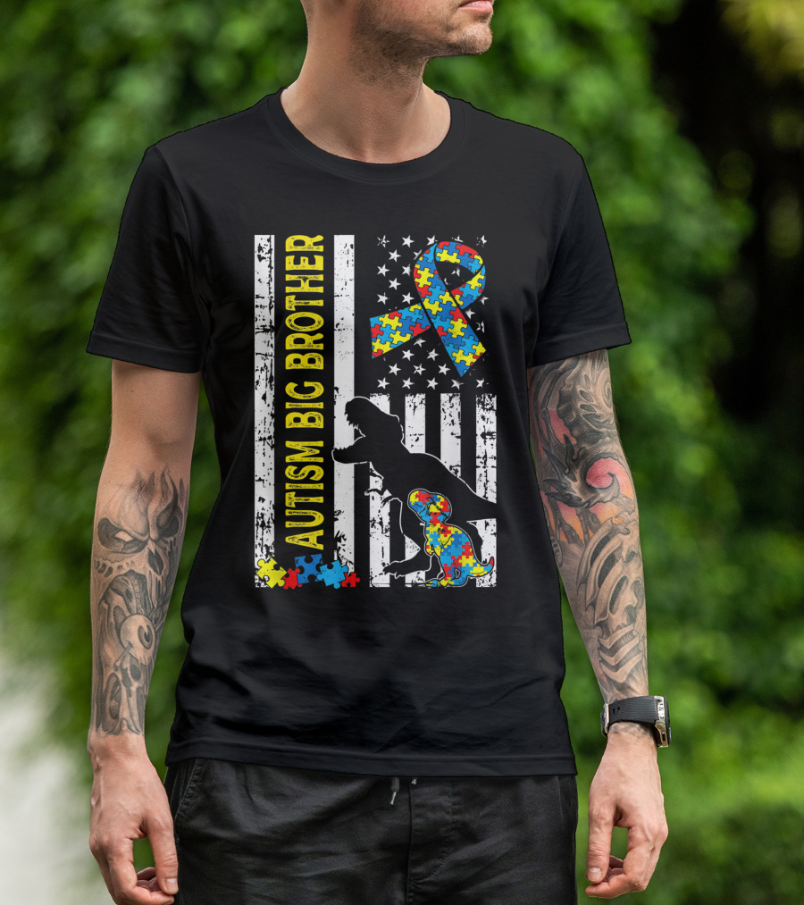 Autism Big Brother Distressed Dinosaur American Flag Puzzle T-Shirt