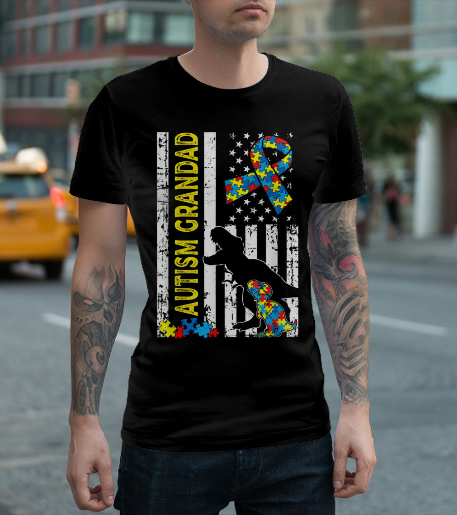 Distressed Autism Grandad Dinosaur American Flag With Puzzle Ribbon USA T-Shirt