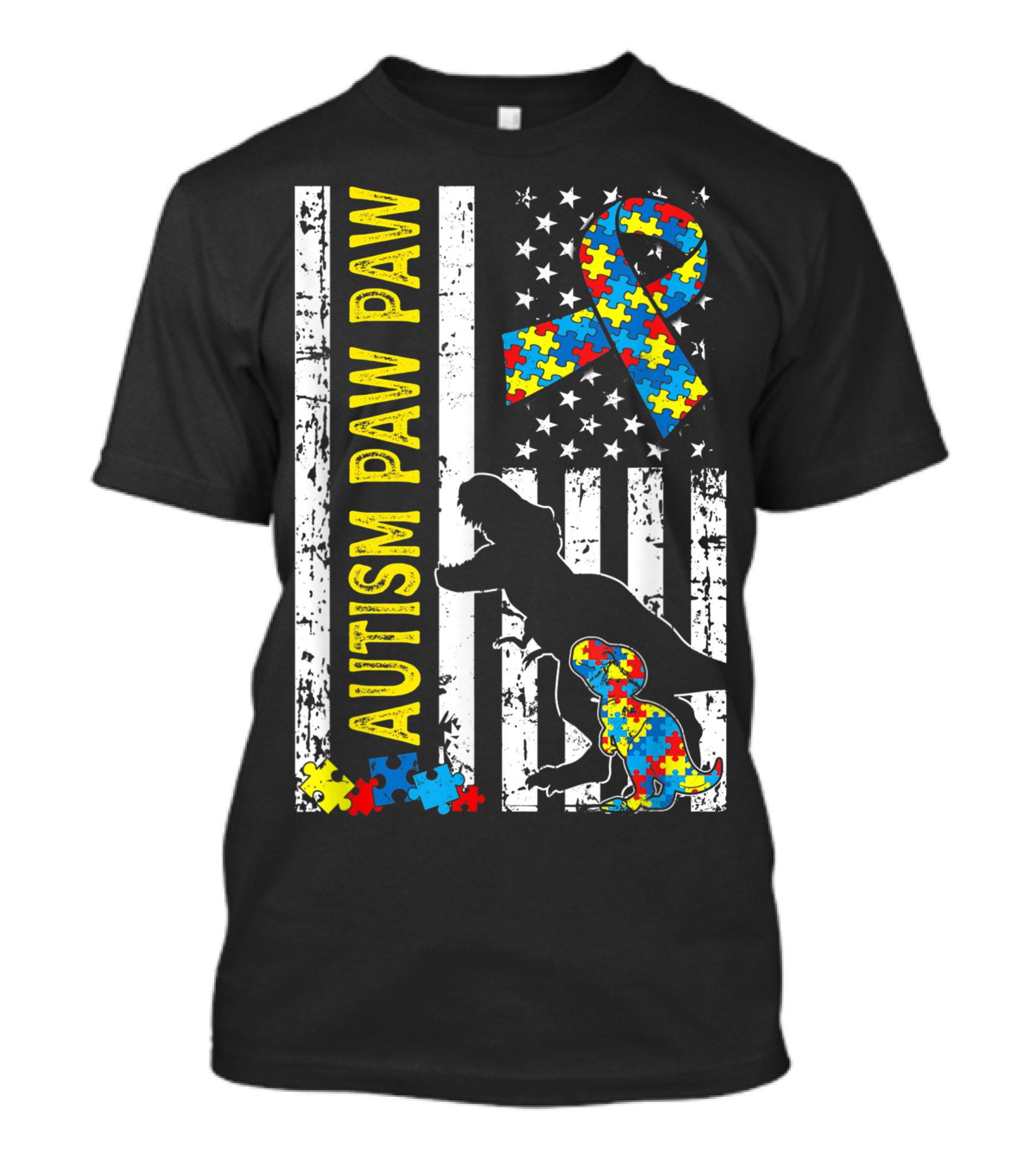 Autism Paw Paw Dinosaur American Flag Puzzle Ribbon USA T-Shirt