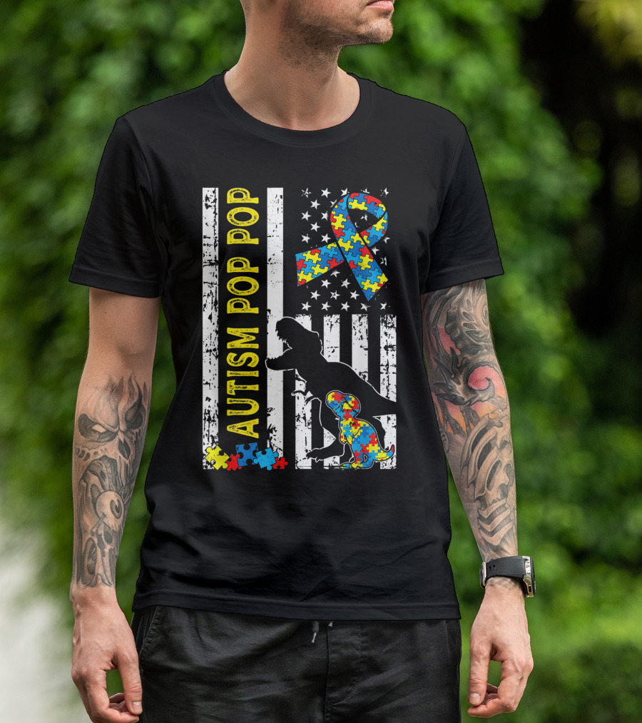 Autism Pop Pop Dinosaur American Flag Puzzle T-Shirt