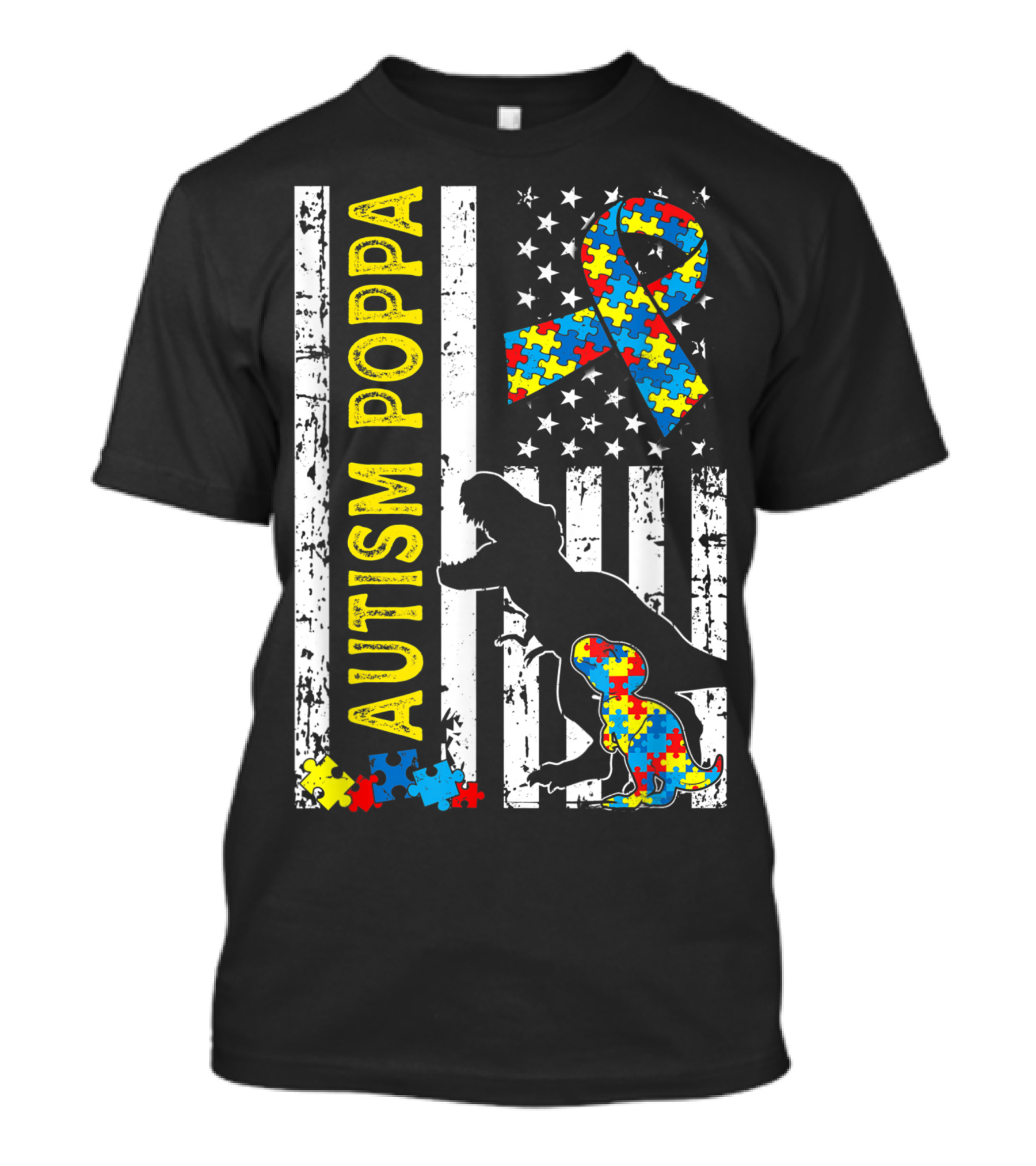 Autism Poppa Dinosaur Puzzle Ribbon American Flag USA Flag T-Shirt