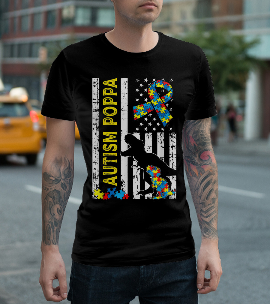 Autism Poppa Dinosaur Puzzle Ribbon American Flag USA Flag T-Shirt