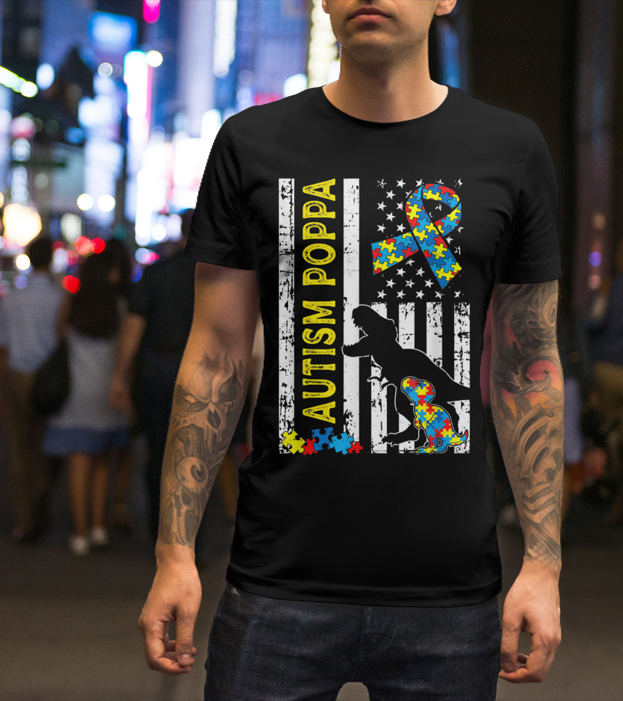 Autism Poppa Dinosaur Puzzle Ribbon American Flag USA Flag T-Shirt