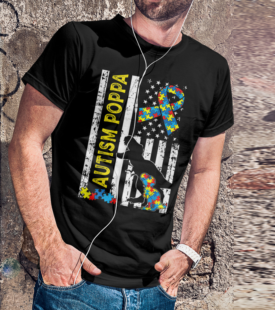 Autism Poppa Dinosaur Puzzle Ribbon American Flag USA Flag T-Shirt
