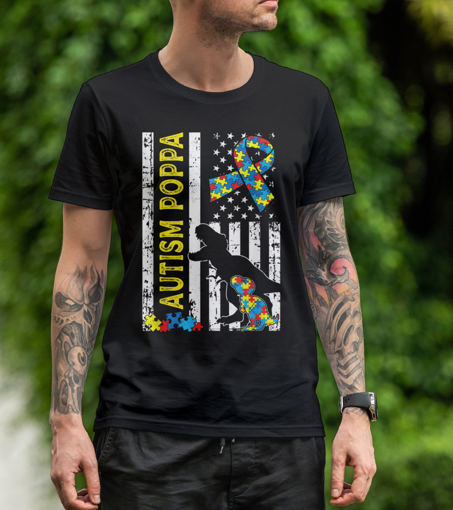 Autism Poppa Dinosaur Puzzle Ribbon American Flag USA Flag T-Shirt