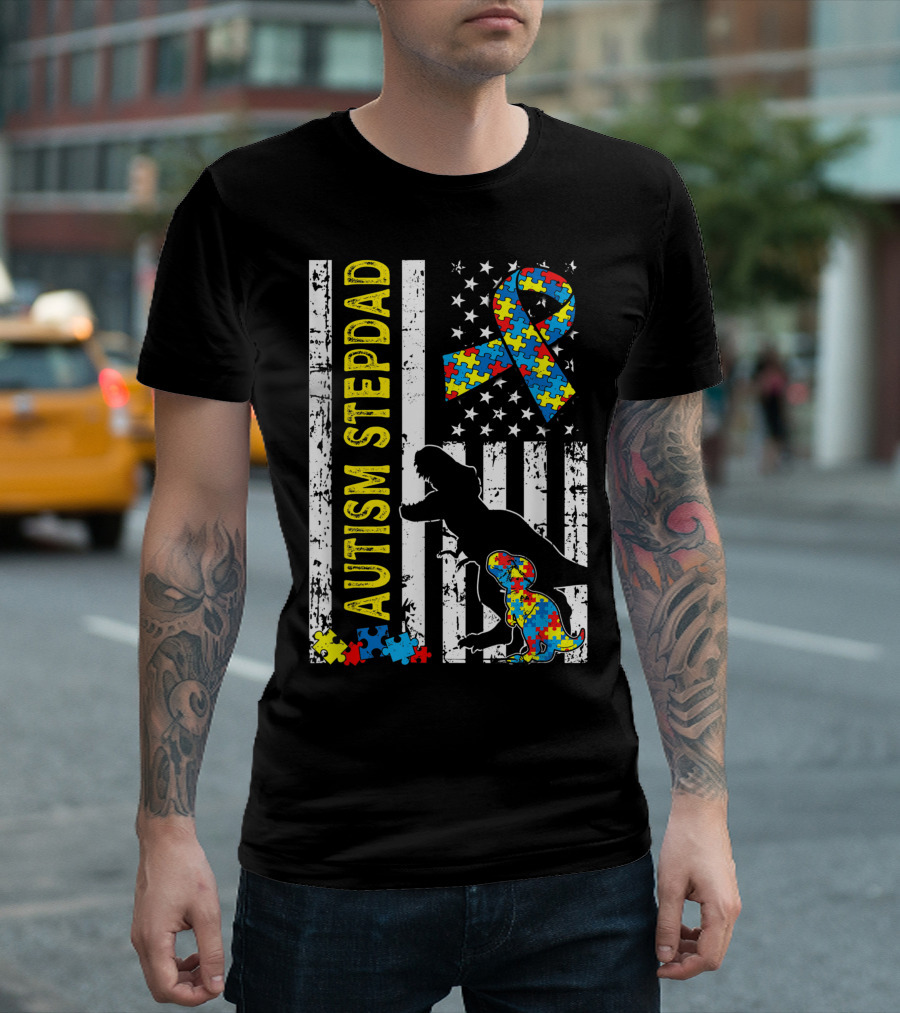 Autism Stepdad Dinosaur Puzzle Piece Ribbon American Flag T-Shirt