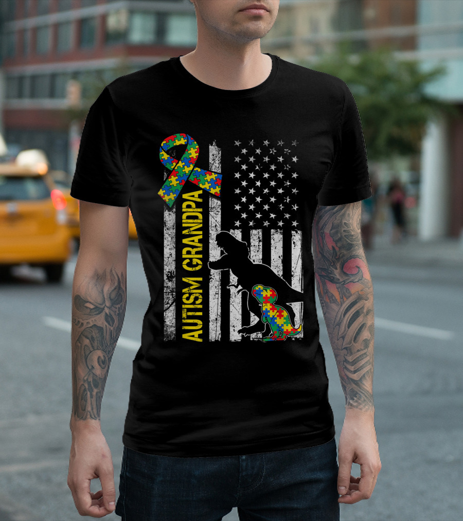 Autism Grandpa Puzzle Ribbon Dinosaur USA Flag T-Shirt