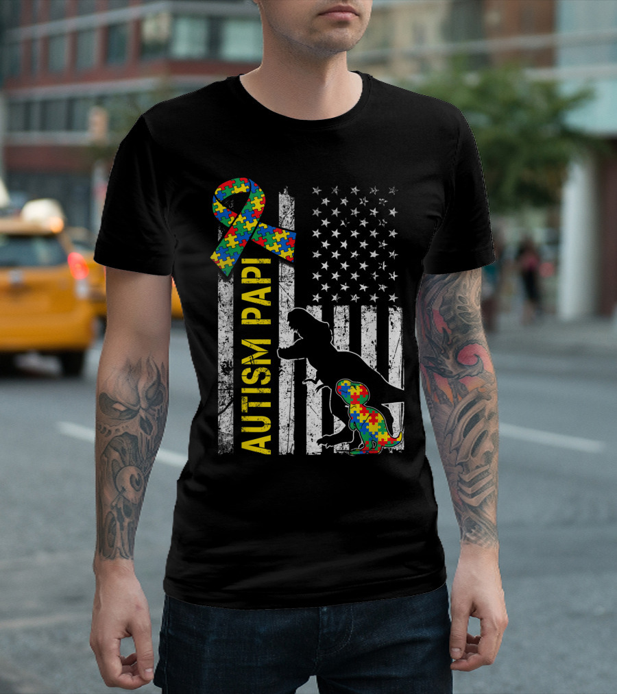 Autism Papi Dinosaur Puzzle Ribbon USA Flag Autism Day T-Shirt