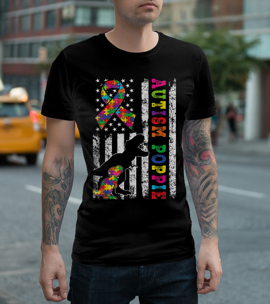 Autism Poppie USA Flag Puzzle Dinosaur Autism Day T-Shirt