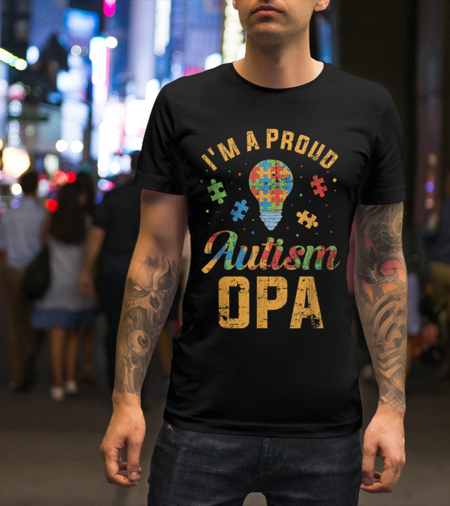 I'm A Proud Autism Opa Autism Awareness Puzzle Lightbulb T-Shirt