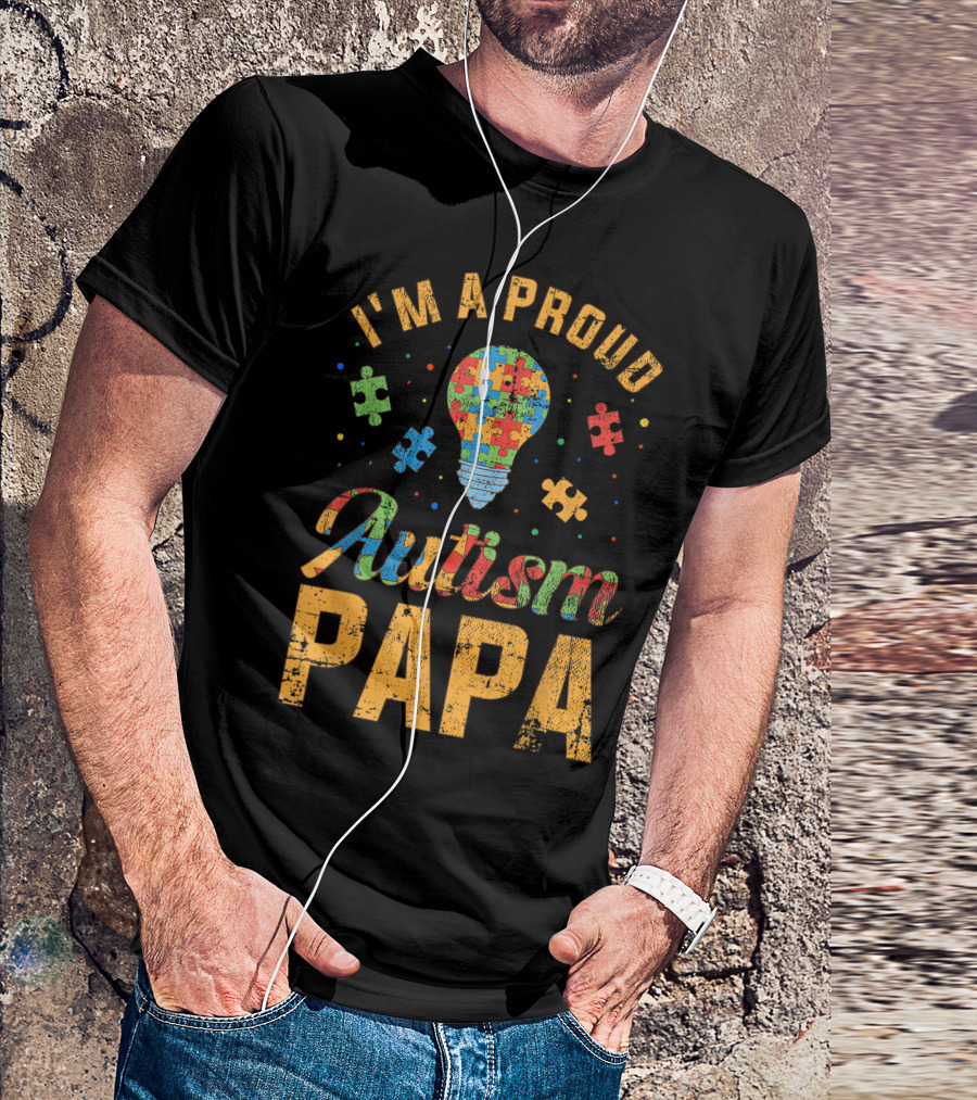 I'm A Proud Autism Papa Puzzle Light Bulb Awareness T-Shirt