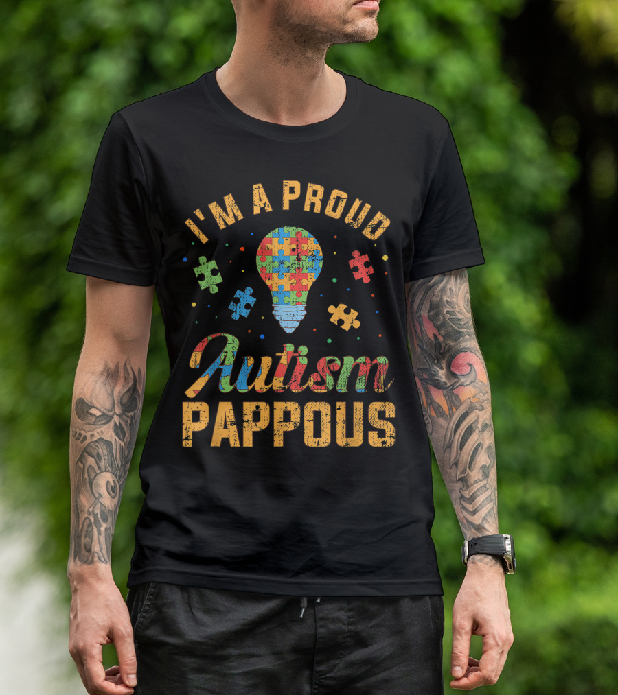 I'm A Proud Autism Pappous Autism Awareness Puzzle Lightbulb T-Shirt