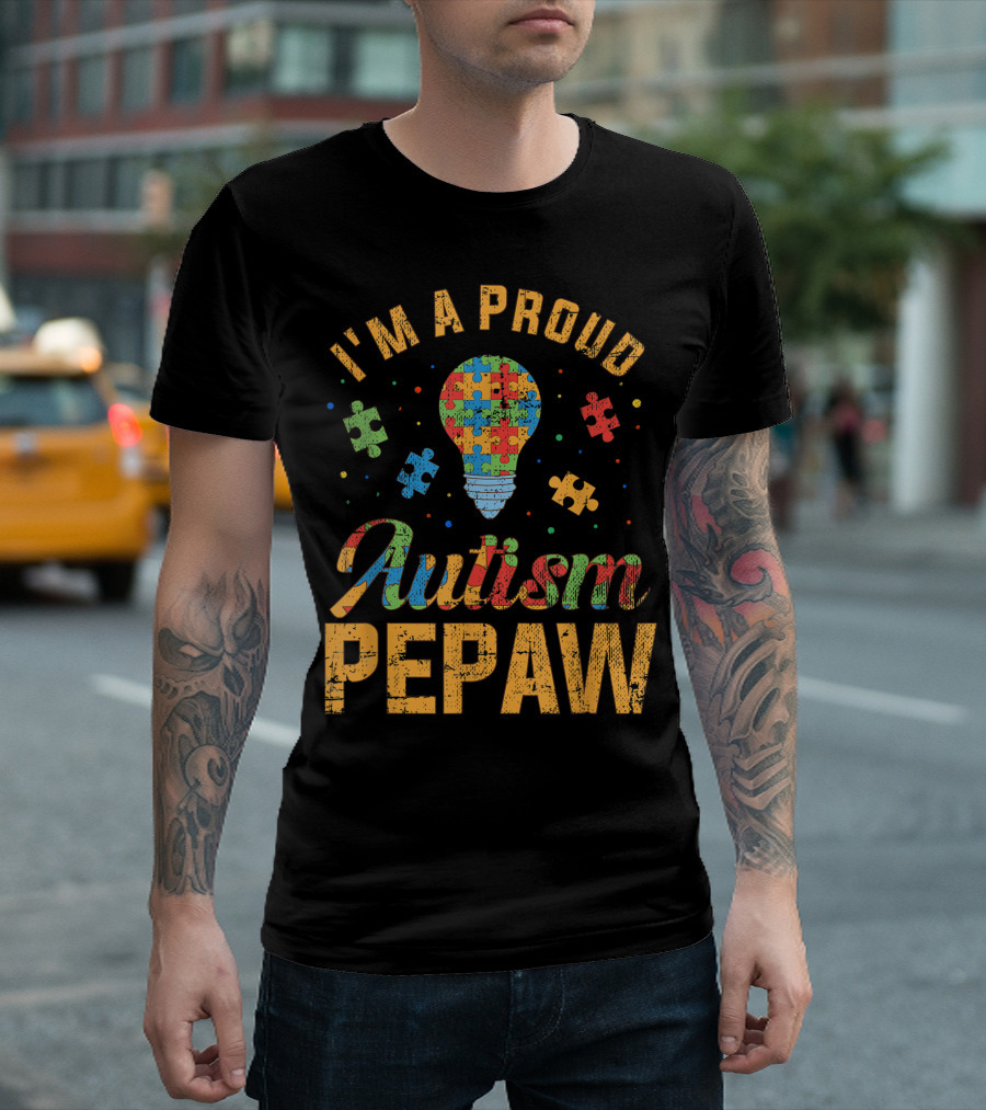 I'm A Proud Autism Pepaw Puzzle Lightbulb Autism Awareness T-Shirt