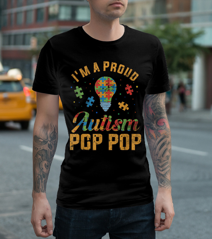 I'm A Proud Autism Pop Pop Autism Awareness Puzzle Light Bulb T-Shirt