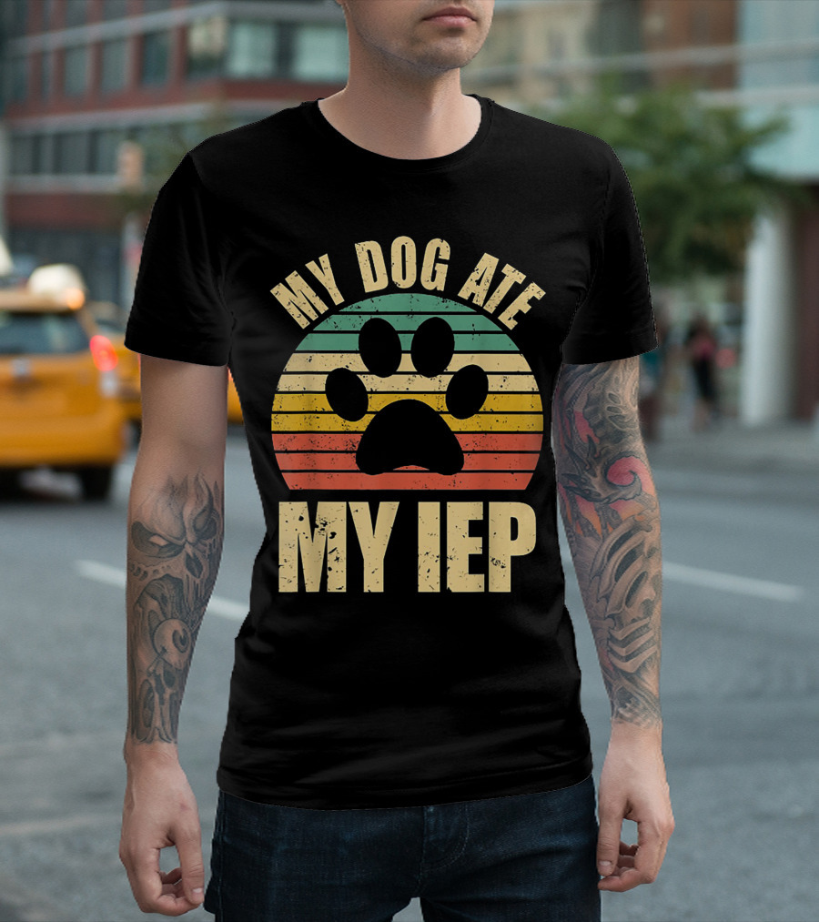 My Dog Ate My IEP Vintage Teacher Paw Print Retro Stripes T-Shirt