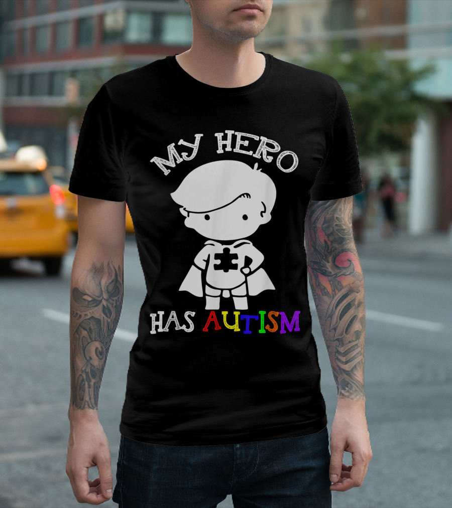 My Hero Has Autism Cute Boy Puzzle Piece Awareness T-Shirt