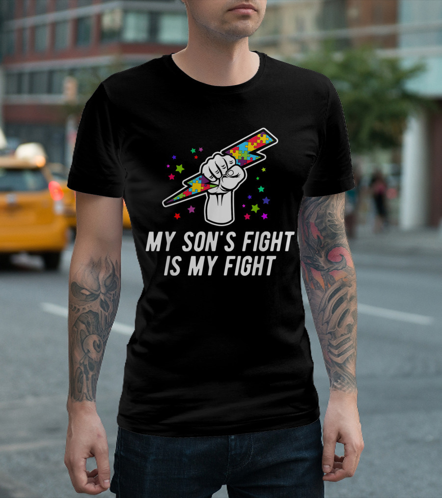 My Son's Fight Is My Fight Autism Awareness Puzzle Lightning Bolt and Stars T-Shirt