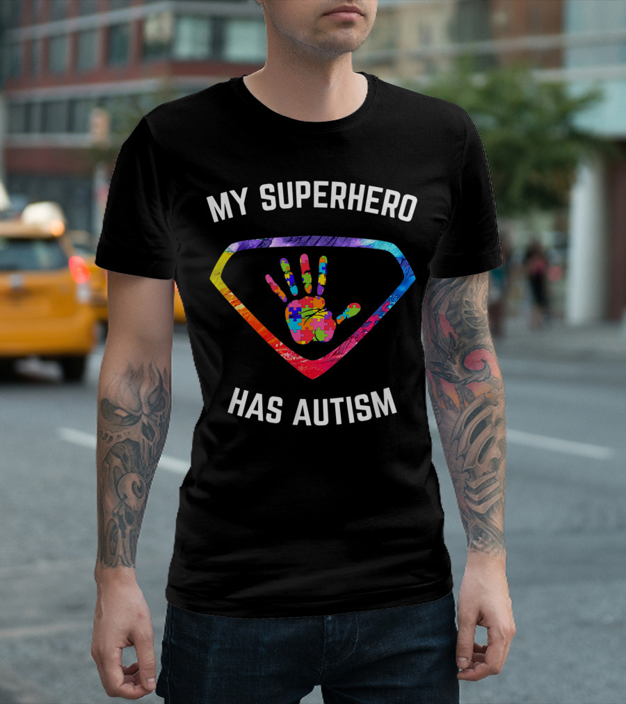 My Superhero Has Autism Puzzle Handprint Emblem T-Shirt